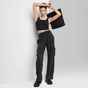 Women's High-Rise Wide Leg Fleece Cargo Pants - Wild Fable Black Wash XXS